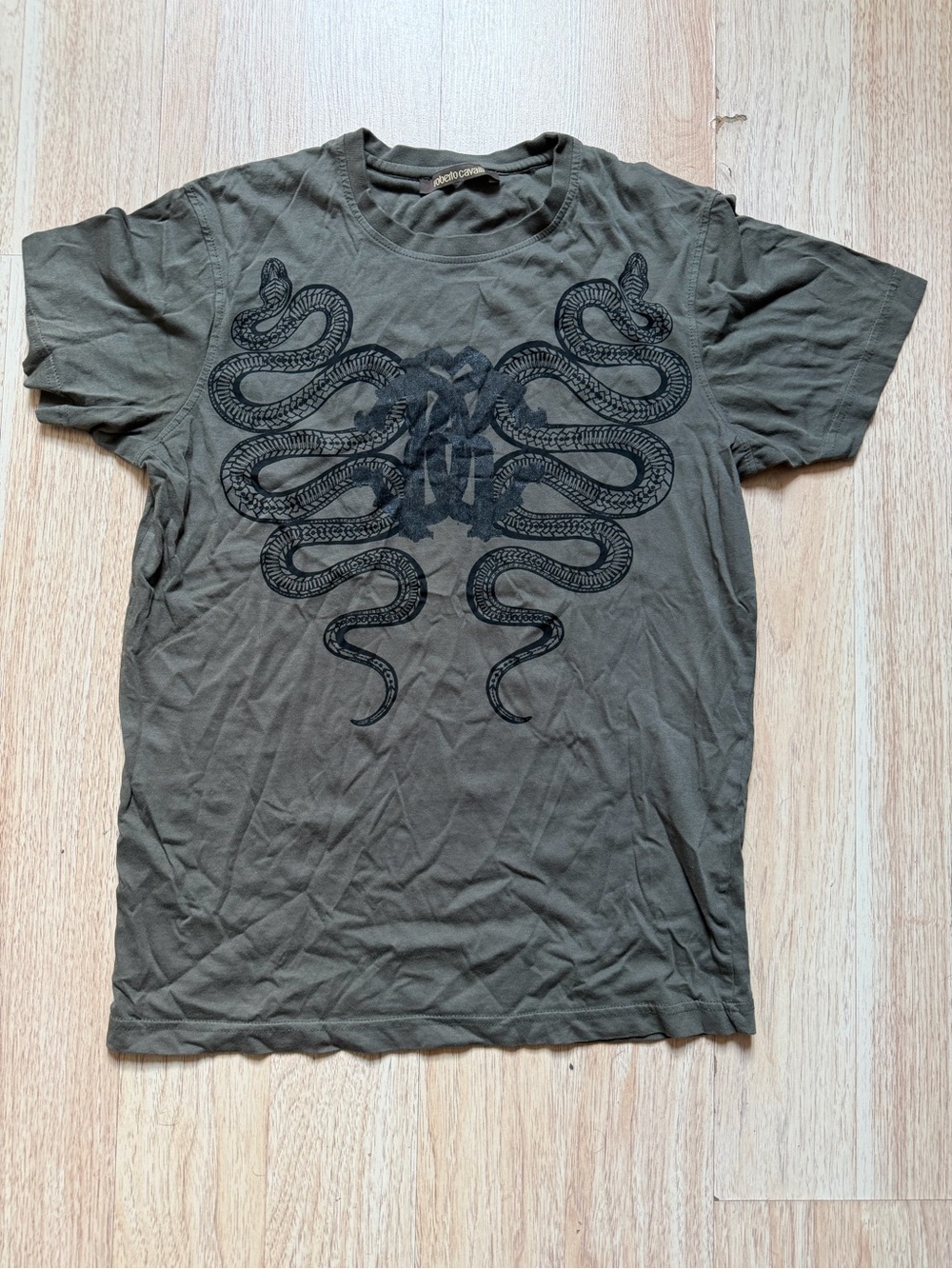 Roberto Cavalli Olive Green Short Sleeve Tee with Black Snake Motif